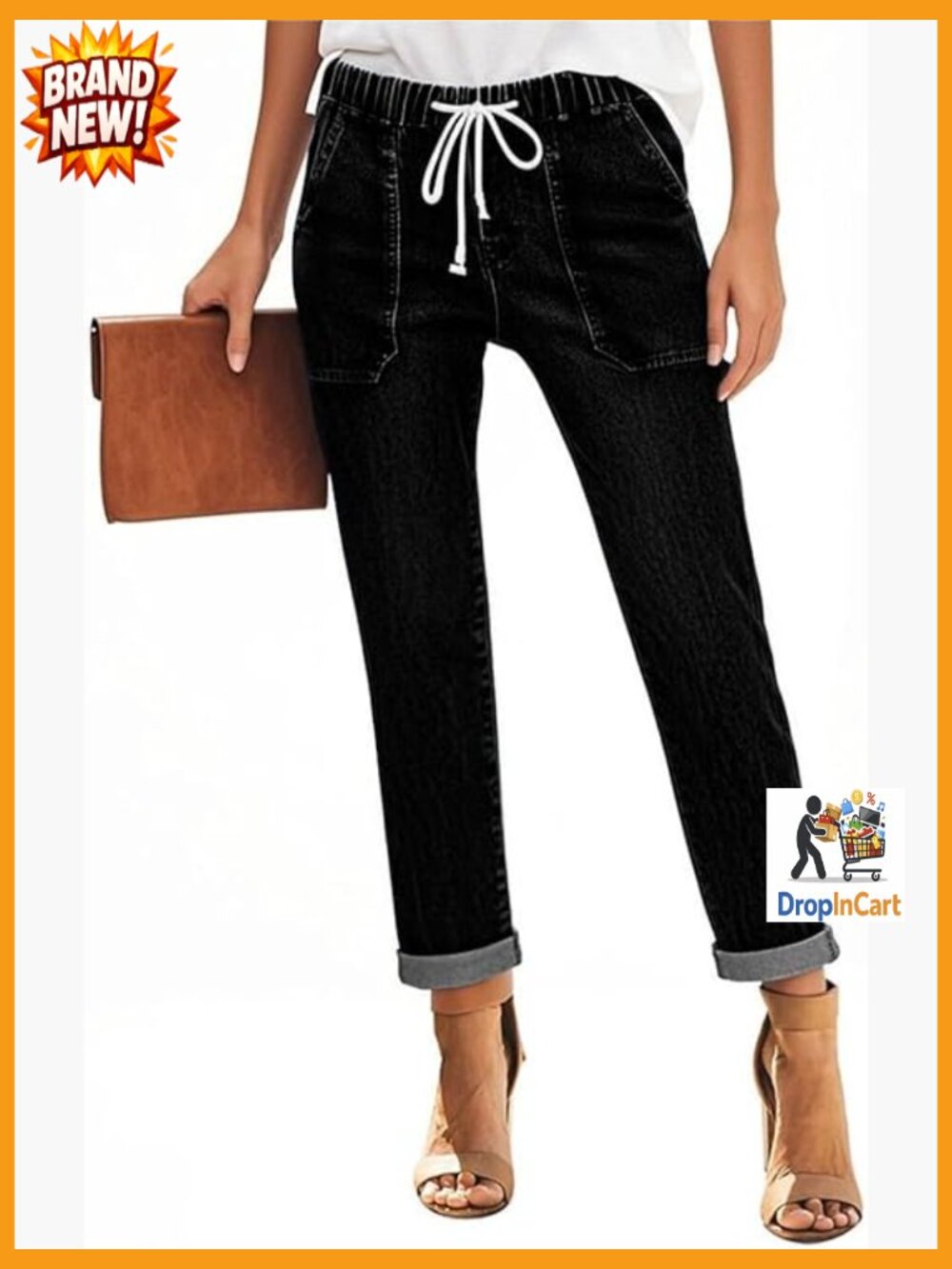 High Waisted Pull-On Stretch Denim Joggers Casual Drawstring Jeans Straight Leg